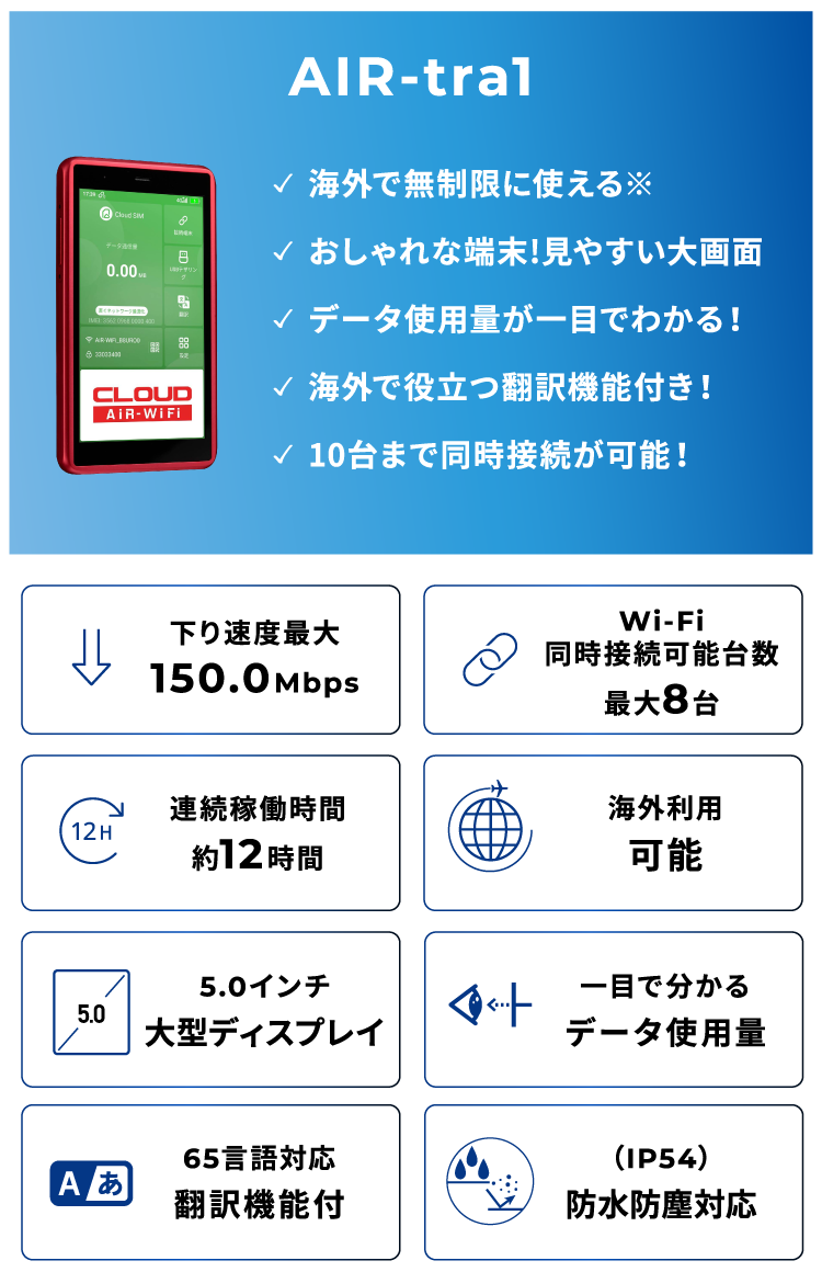 Macaroon3：下り速度最大150.0Mbps、重量130g、連続稼働時間約12時間、Wi-Fi同時接続可能台数最大8台